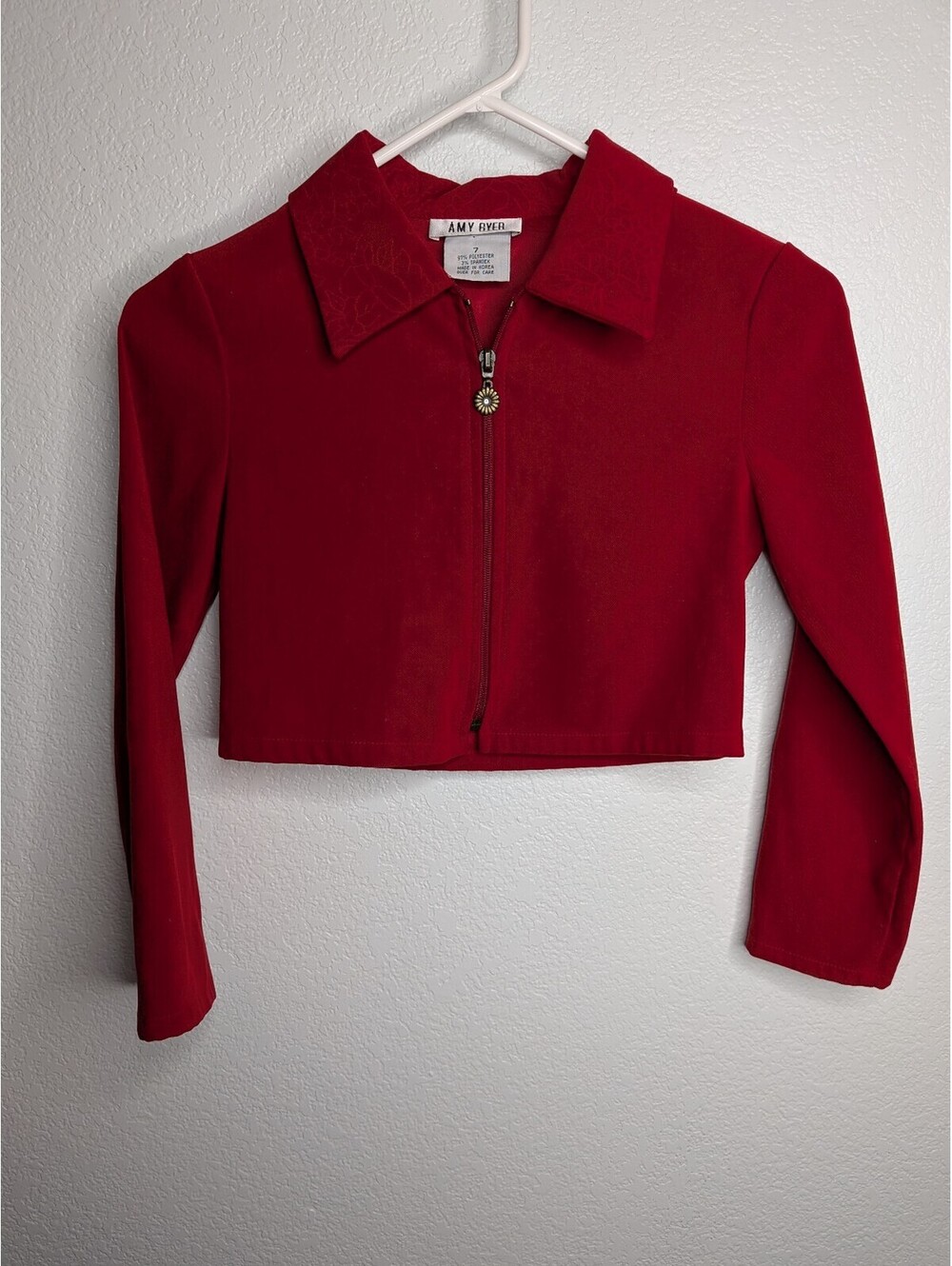 Y2K Vintage Amy Byer Girls Size 7 Red Cropped Zip Jacket Floral Collar